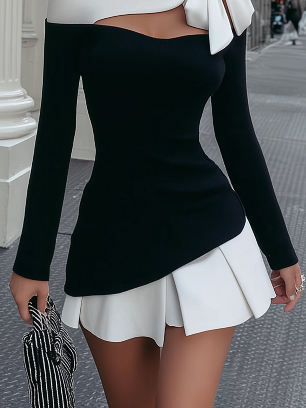 Flowara Knitted Satin Contrast Bow Detail Cutout Mini Dress