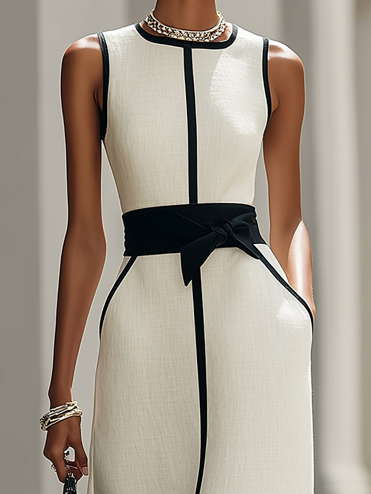 Flowara Black and White Contrast Trim Linen Blend Maxi Dress