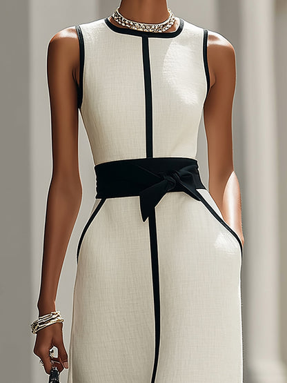 Flowara Black and White Contrast Trim Linen Blend Maxi Dress