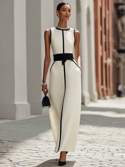 Flowara Black and White Contrast Trim Linen Blend Maxi Dress