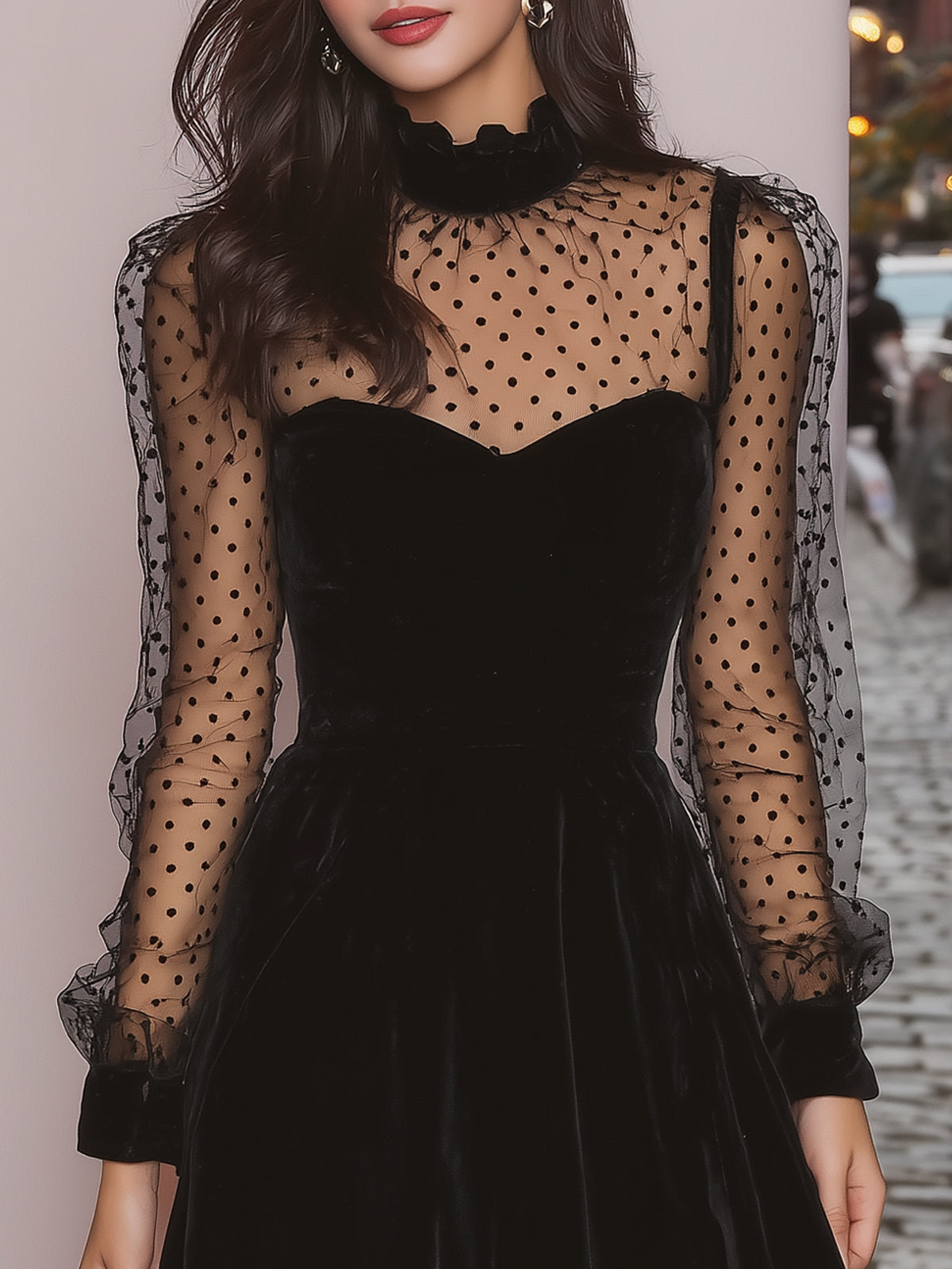 Flowara Vintage Polka Dot Sheer Sleeve Velvet Mini Dress