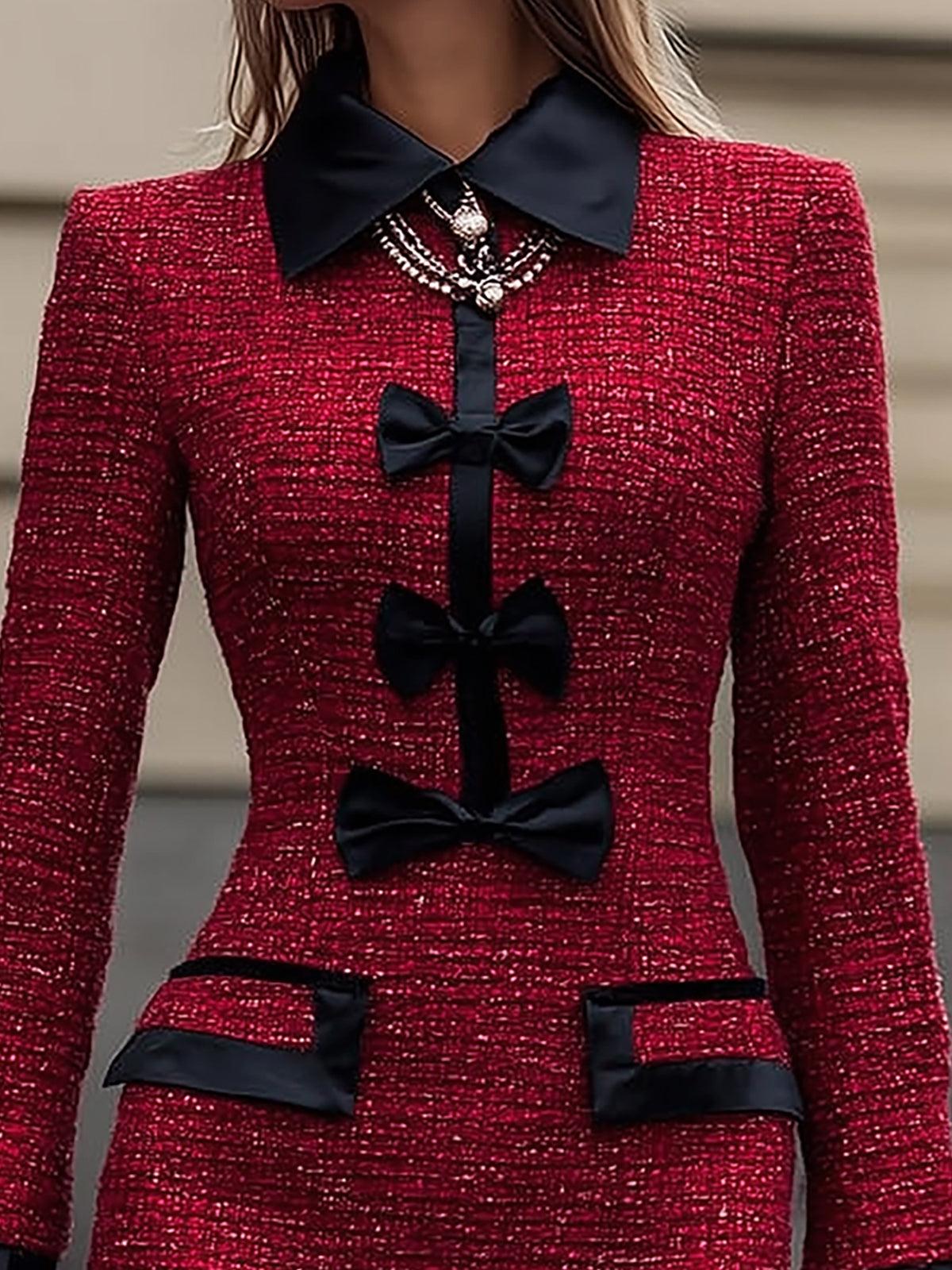 Flowara Red Tweed Long Sleeve Black Bow Detail Mini Dress