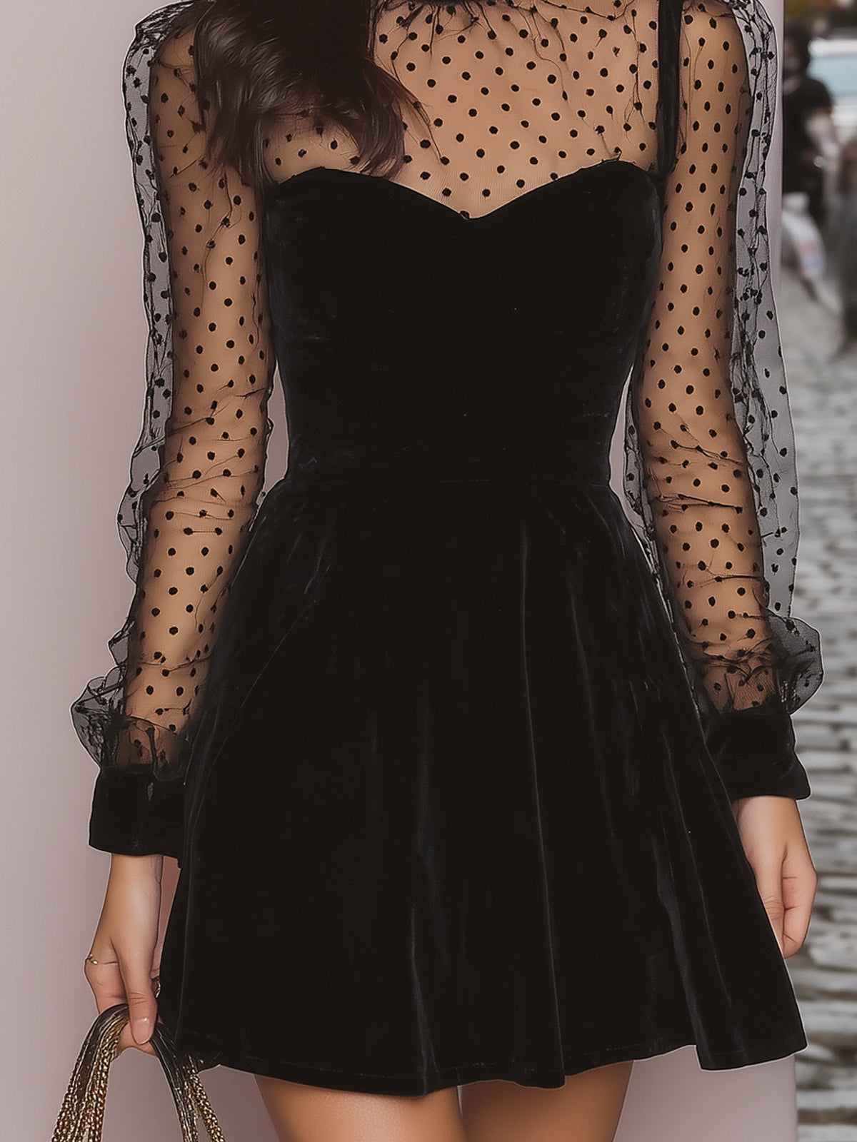 Flowara Vintage Polka Dot Sheer Sleeve Velvet Mini Dress